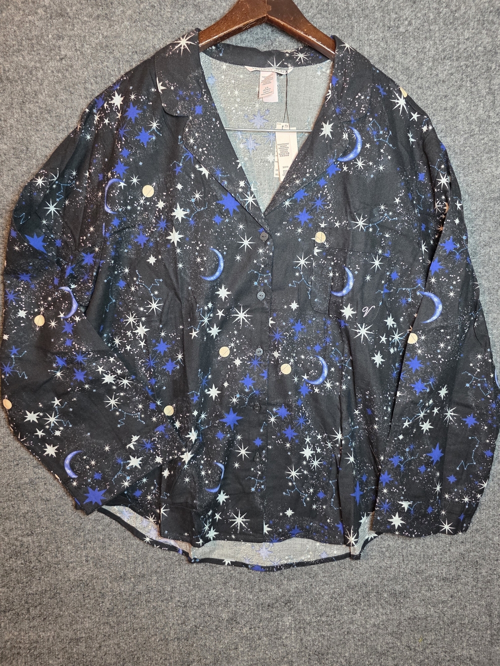 NWT Victoria’s Secret Flannel Pajama Set Large Black Celestial Stars Scrunchie